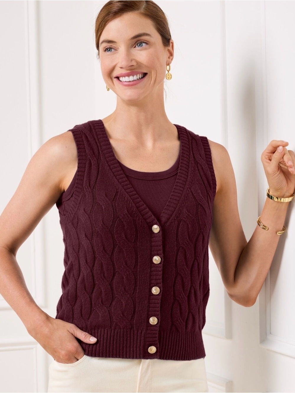 Talbots Cable-Knit Sleeveless Vest in Deep Wine